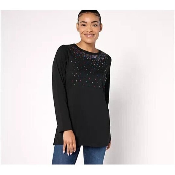 Quacker Factory Sassy Sequin Long Sleeve Tunic Top Black 1X A671345 - Picture 1 of 1